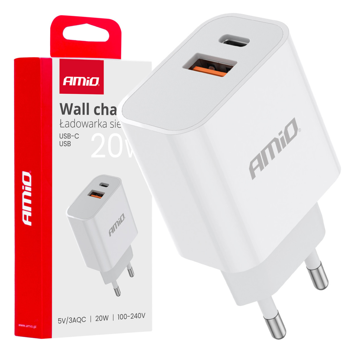 Wall charger PCH PRO-09 USB+USB-C 20W Quick Charge 230V