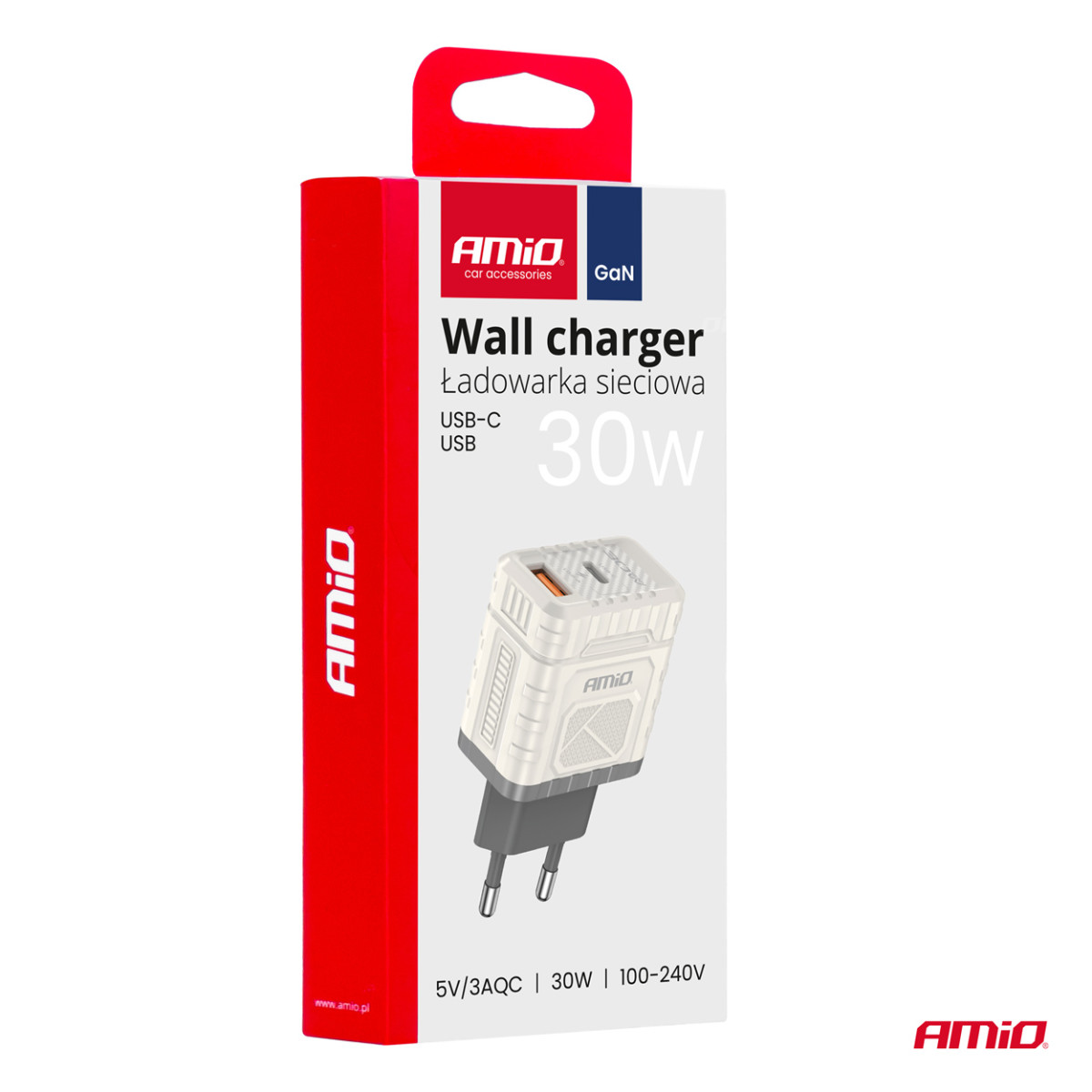 Wall charger Quick Charge GaN 30W USB-A + USB-C AMIO-04286