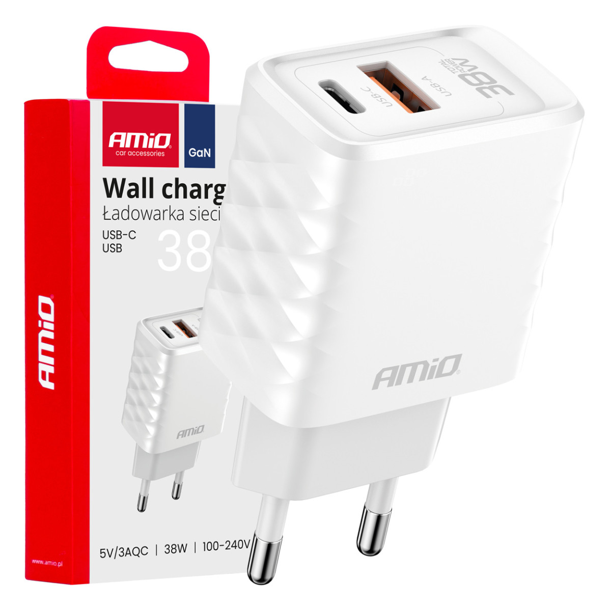 Wall charger Quick Charge GaN 38W USB-A + USB-C AMIO-04287