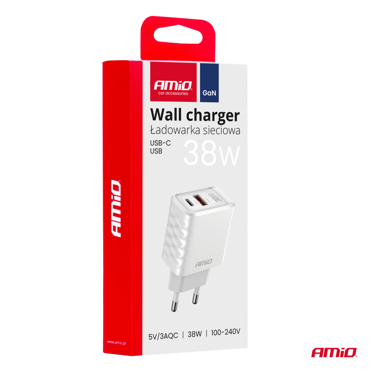 Wall charger Quick Charge GaN 38W USB-A + USB-C AMIO-04287