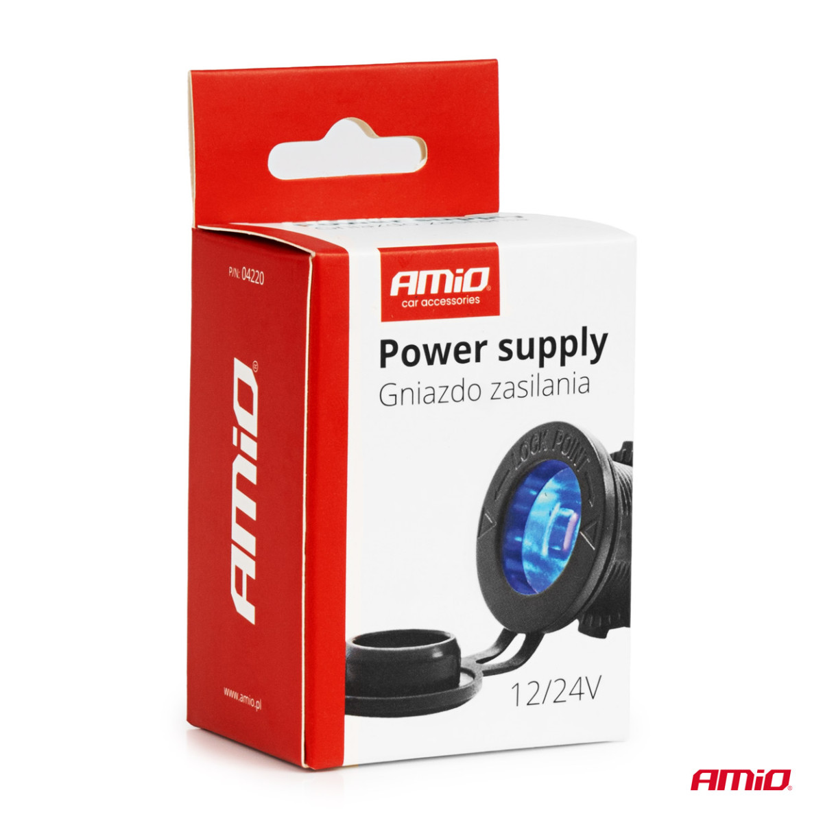 Waterproof car cigarette lighter power socket with blue LED lighting, 12/24V AMIO-04220