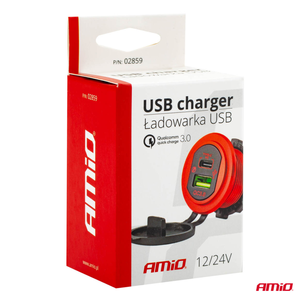 Waterproof car charger USB + USB-C 12/24 V MOD-09, AMIO-02859