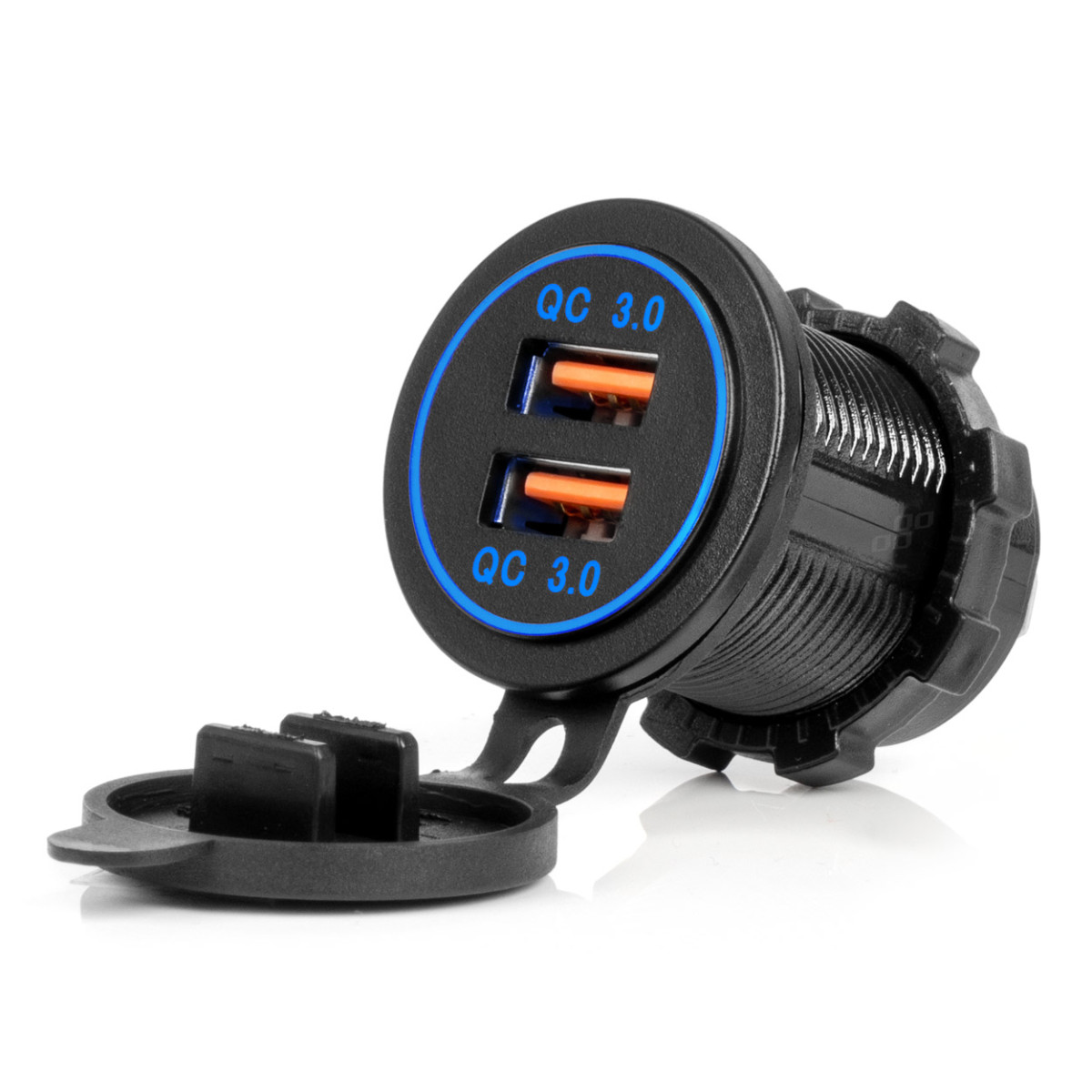 Waterproof phone charger with blue LED lighting, 2xUSB QC3.0 12/24V AMIO-04218