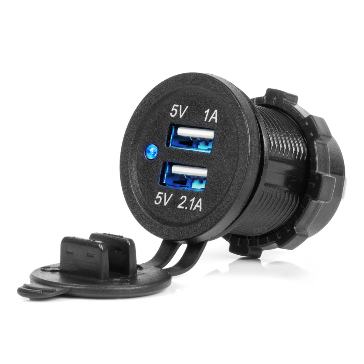 Waterproof phone charger with blue LED indicator 3.1A, 2xUSB 12/24V AMIO-04216