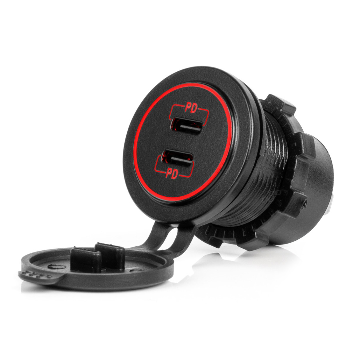Waterproof phone charger with red LED lighting, 2xUSB-C 12/24V AMIO-04223