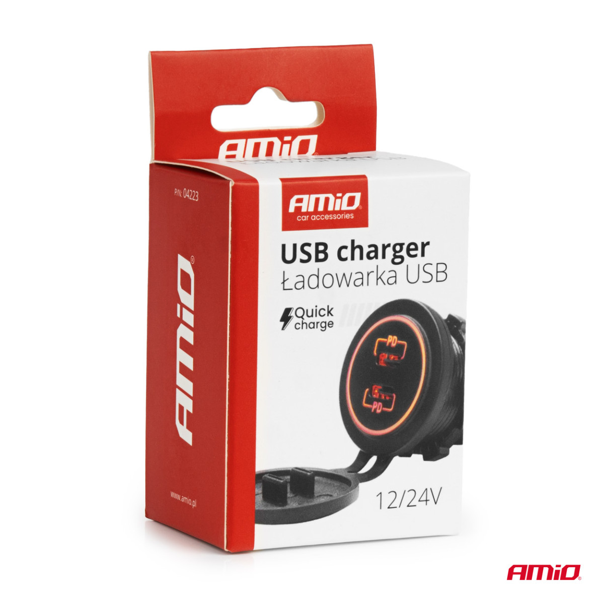 Waterproof phone charger with red LED lighting, 2xUSB-C 12/24V AMIO-04223