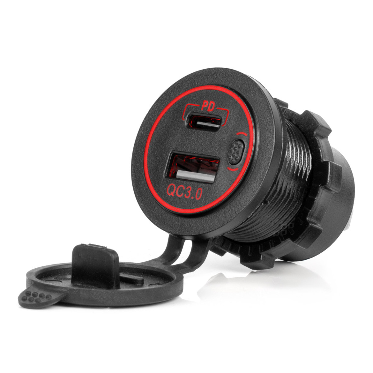 Waterproof phone charger with red LED lighting, 2xUSB QC3.0 12/24V AMIO-04221