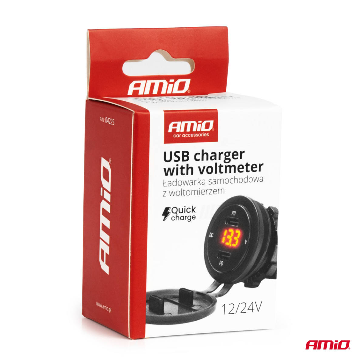 Waterproof phone charger with digital voltmeter and red LED indicator, 2xUSB-C 12/24V AMIO-04225