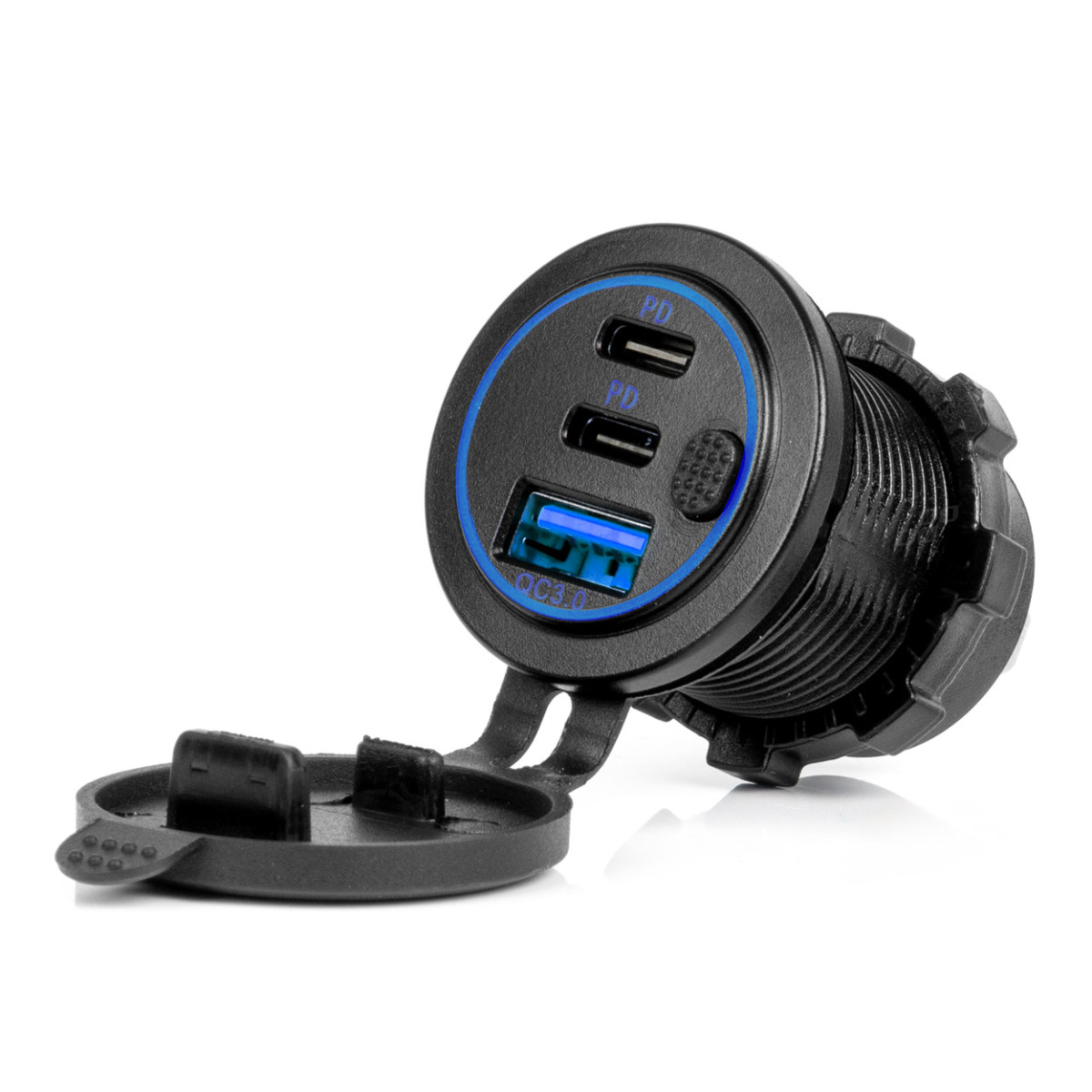 Waterproof phone charger with switch and blue LED lighting, USB + 2xUSB C QC3.0 12/24V AMIO-04596