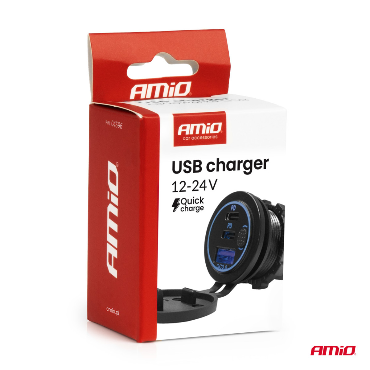 Waterproof phone charger with switch and blue LED lighting, USB + 2xUSB C QC3.0 12/24V AMIO-04596