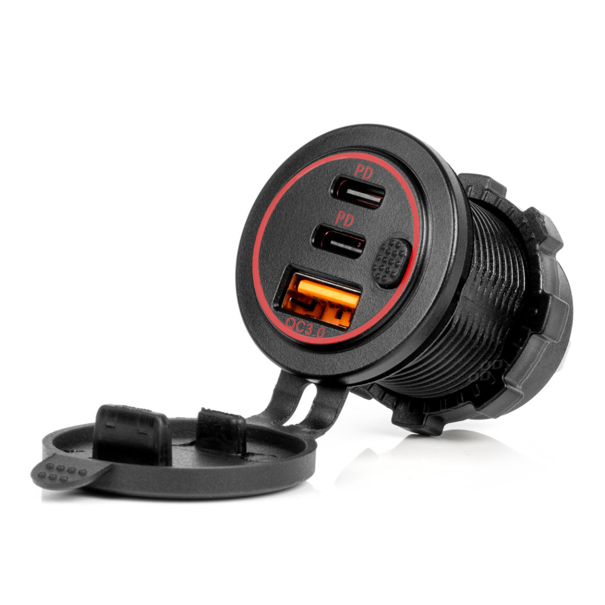 Waterproof phone charger with red LED lighting, USB + 2xUSB C QC3.0 12/24V AMIO-04227