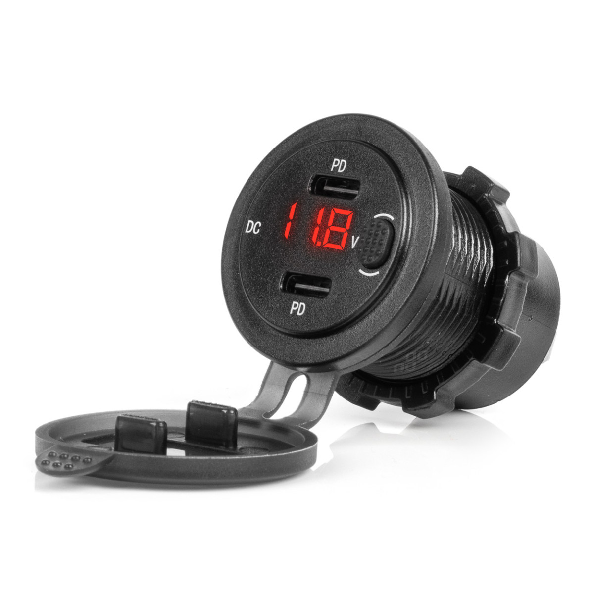 Waterproof phone charger with switch and digital voltmeter, 2x USB-C 12/24V AMIO-04226