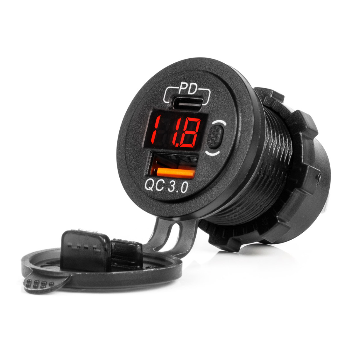 Waterproof phone charger with digital voltmeter and red LED indicator, USB + USB-C QC3.0 12/24V AMIO-04222